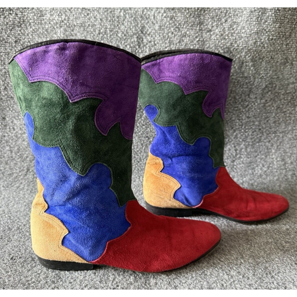 VTG VANELI Women Western Boots Multicolor Suede Colorblock Pull On Mid-Calf 6.5